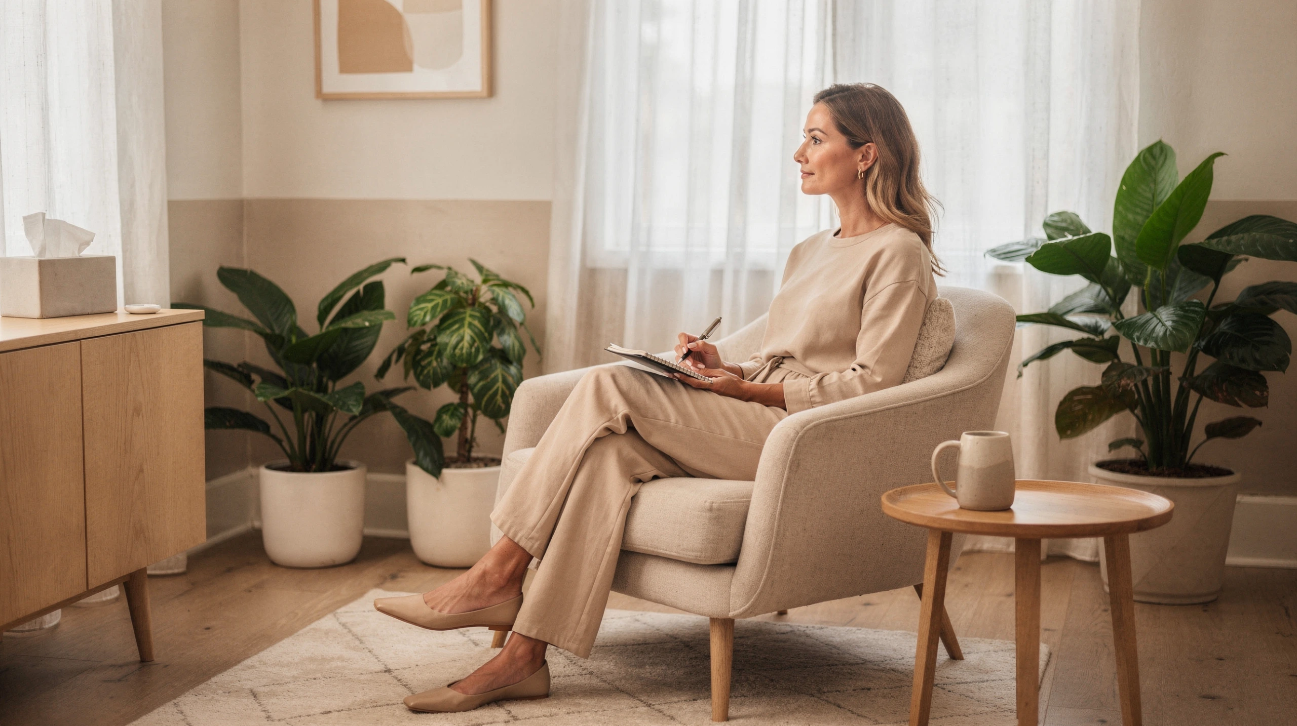 Therapist in Winnetka, CA – client talking with a therapist in a bright office at Uriel Behavioral Wellness